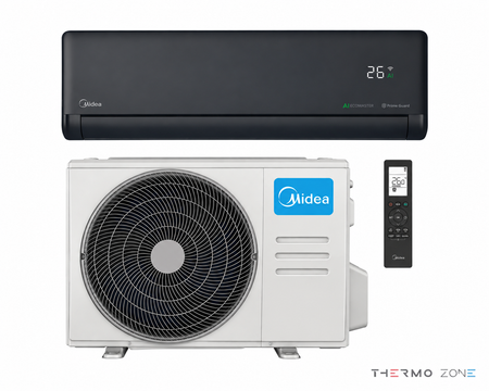 Midea Solstice Split-Klimaanlage in Schwarz mit Innen- und Außengerät sowie Fernbedienung
