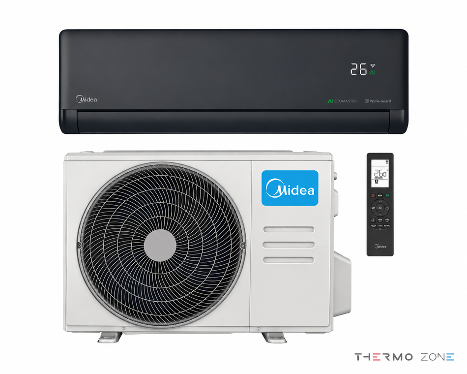 Midea Solstice Split-Klimaanlage in Schwarz mit Innen- und Außengerät sowie Fernbedienung