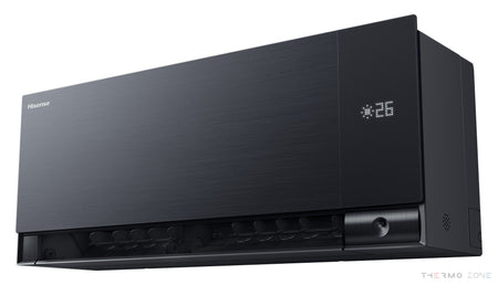 Hisense Air Master Klimaanlage Schwarz – Inneneinheit mit geöffnetem Luftauslass in Seitenansicht