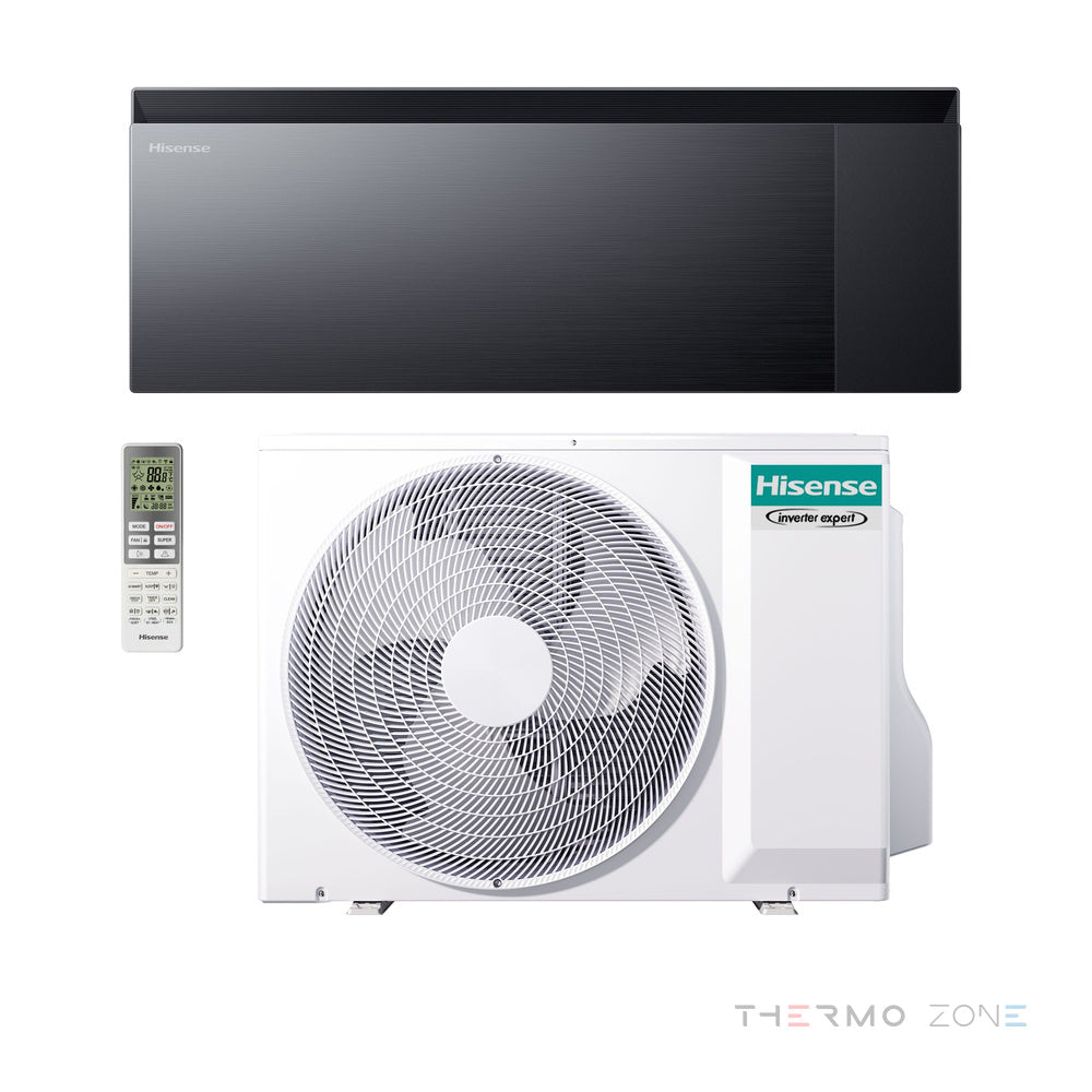 Hisense Air Master Klimaanlage in Schwarz mit Innengerät, Außengerät und Fernbedienung