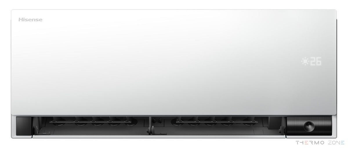 Hisense Air Master Klimaanlage Weiß – Inneneinheit mit geöffnetem Luftauslass in Frontansicht