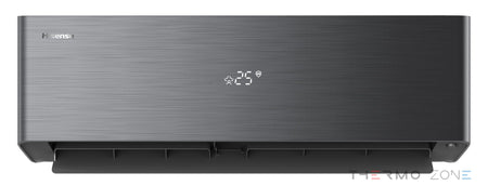 Hisense Energy Pro X schwarzes Innengerät mit geöffneter Luftauslassklappe in Frontansicht