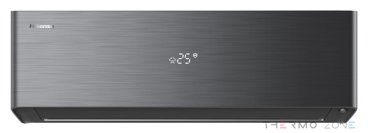 Hisense Energy Pro X schwarzes Innengerät in Frontansicht mit geschlossenem Luftauslass