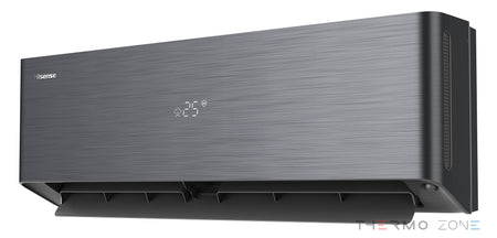 Hisense Energy Pro X schwarzes Innengerät mit geöffneter Luftauslassklappe in Seitenansicht