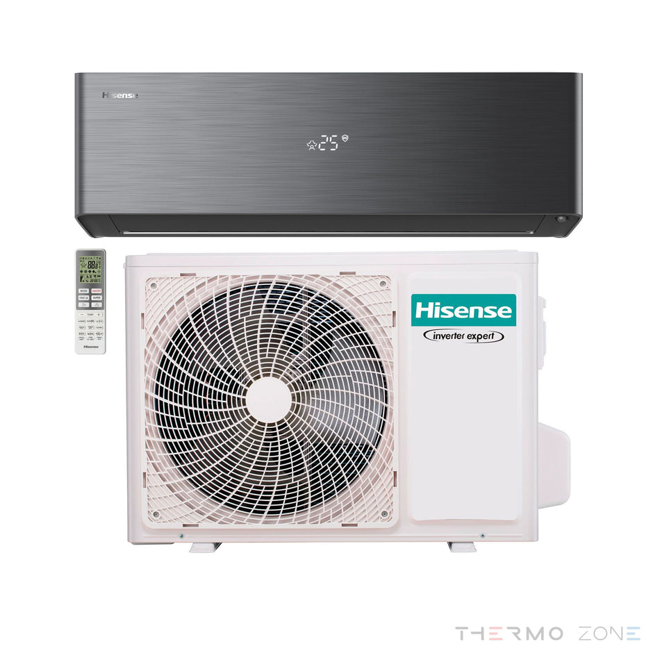 Hisense Energy Pro X Klimaanlage in Schwarz mit Innen- und Außengerät sowie Fernbedienung