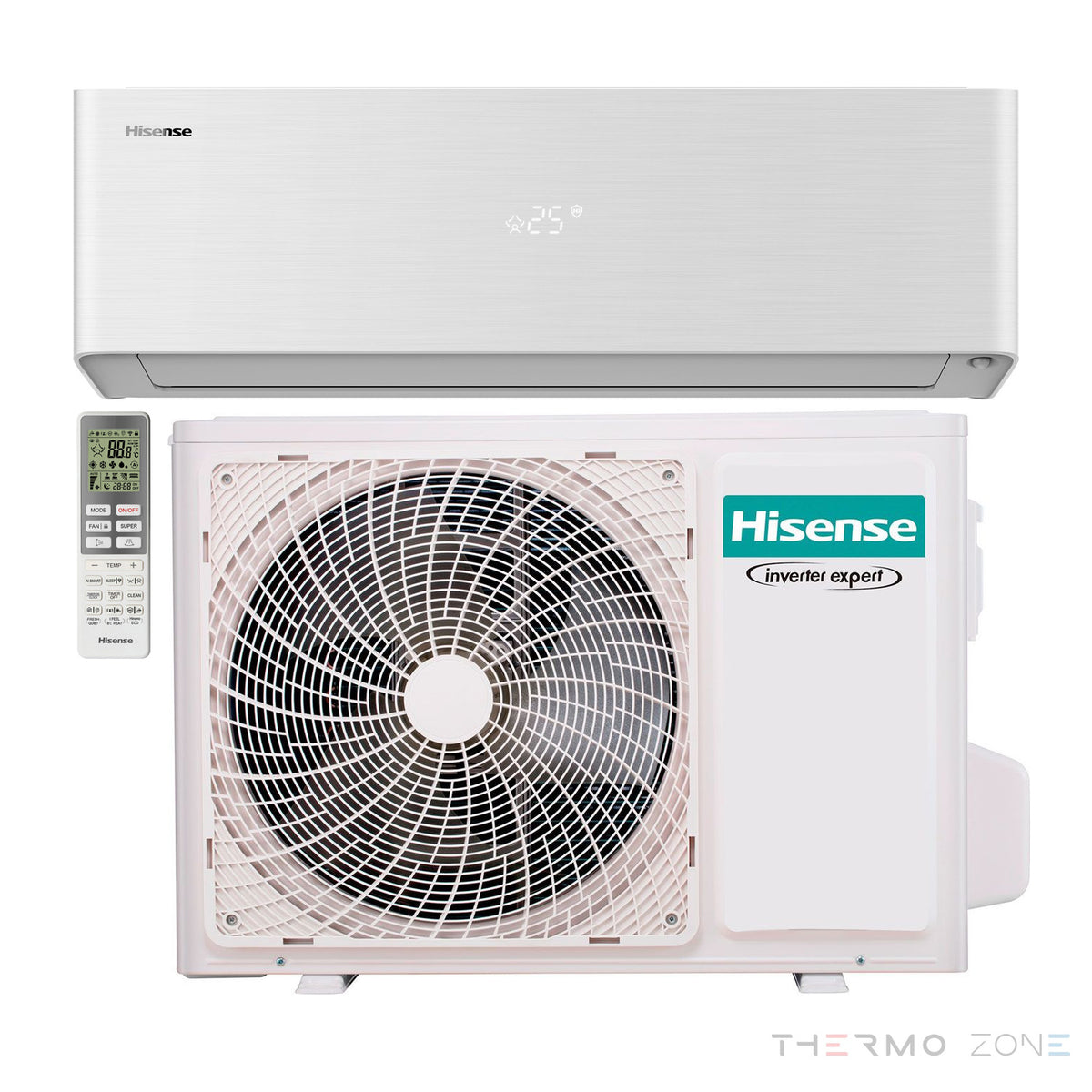 Hisense Energy Pro X Klimaanlage in Weiß mit Innen- und Außengerät sowie Fernbedienung