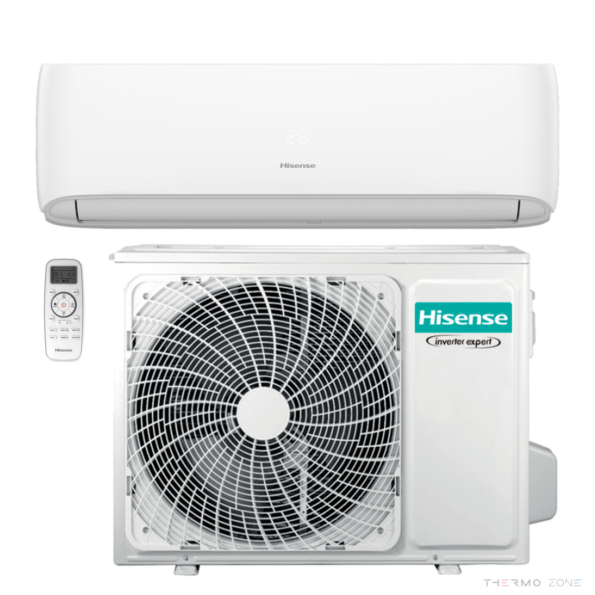 Hisense Hi -Smart Split-Klimaanlage – Außeneinheit, Inneneinheit und Fernbedienung