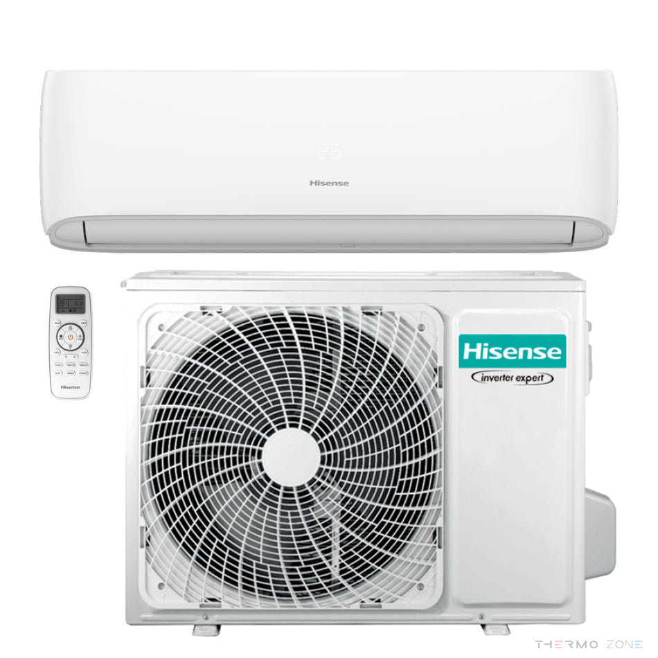 Hisense Hi -Smart Split-Klimaanlage – Außeneinheit, Inneneinheit und Fernbedienung