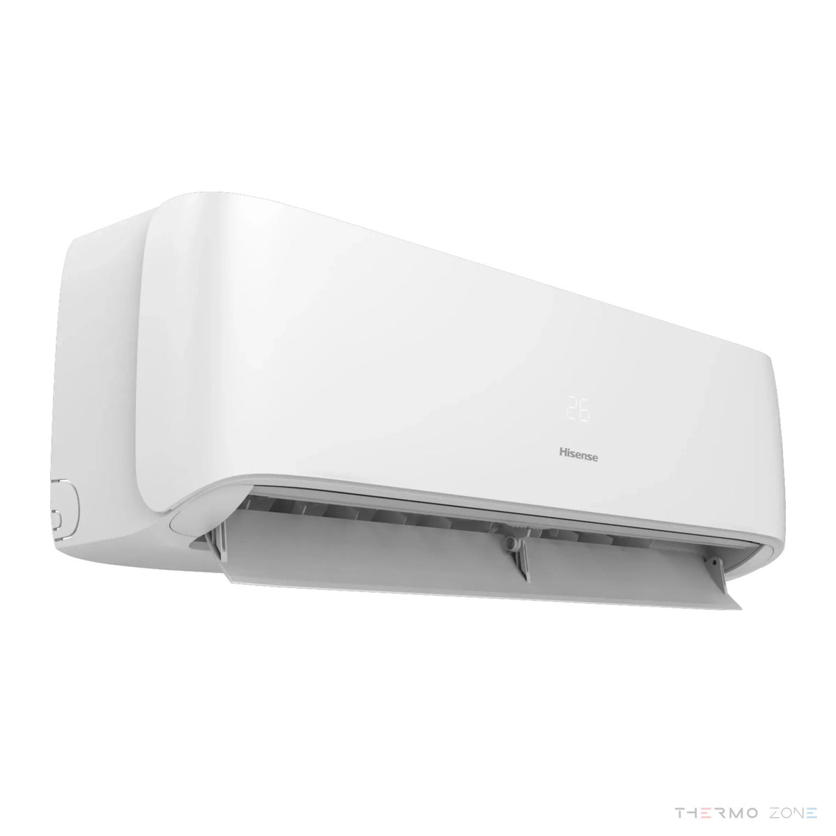 Hisense Hi-Smart Innengerät in Seitenperspektive mit geöffneten Luftleitlamellen