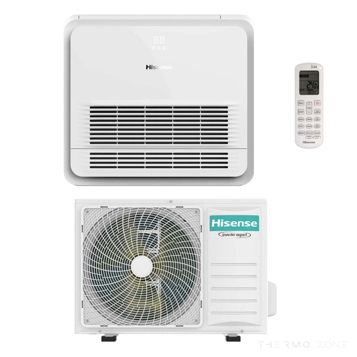 Hisense Bi-Flow Wand Truhengeräte-Klimaanlage – Außeneinheit, Inneneinheit und Fernbedienung