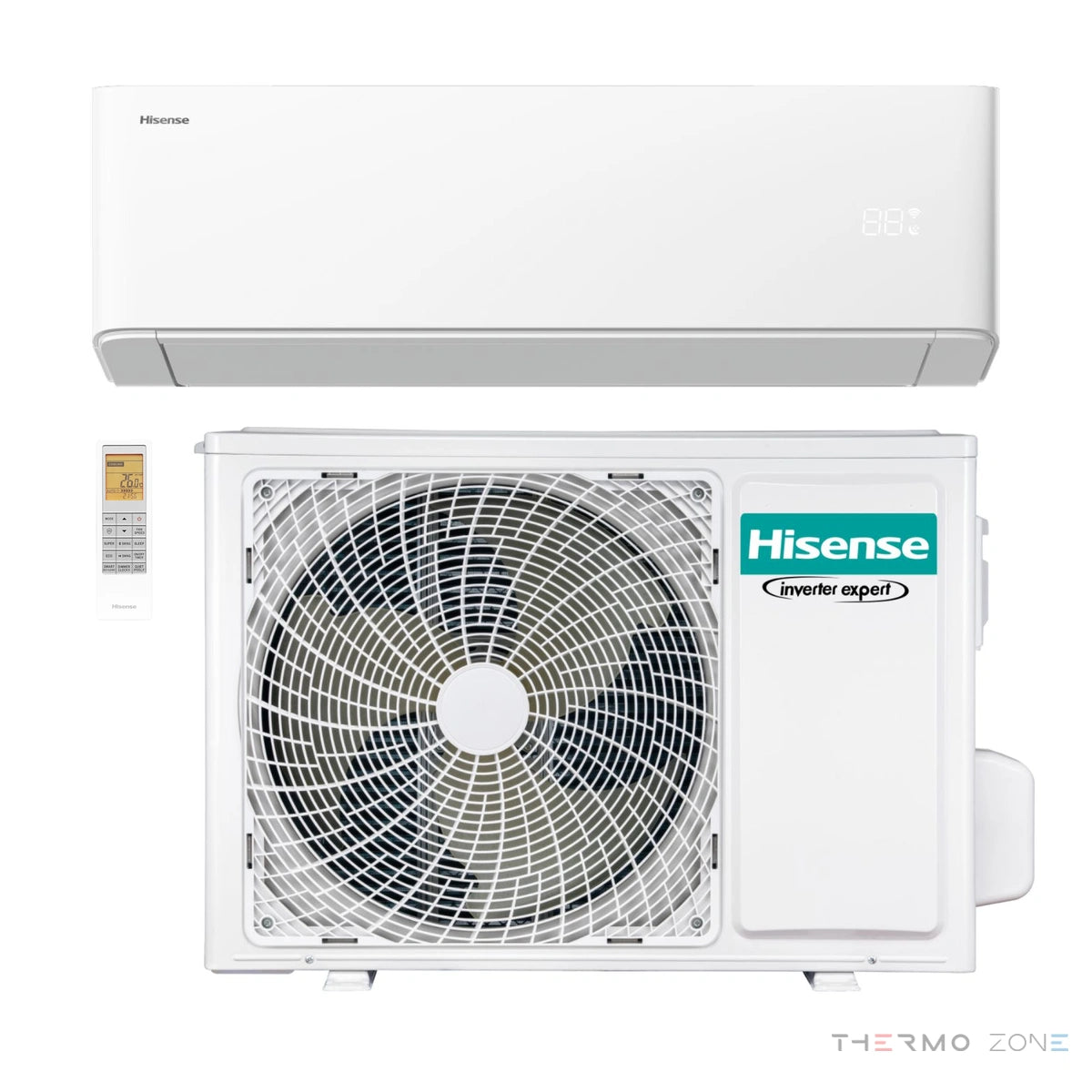 Hisense UNI HA Split-Klimaanlage – Außeneinheit, Inneneinheit und Fernbedienung