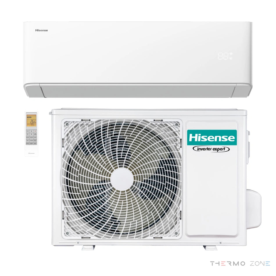 Hisense UNI HA Split-Klimaanlage – Außeneinheit, Inneneinheit und Fernbedienung
