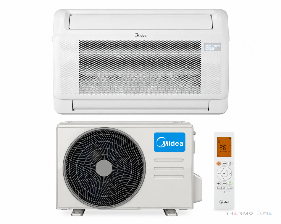 Midea Kompakttruhe Split-Klimaanlage mit Innengerät, Außengerät und Fernbedienung
