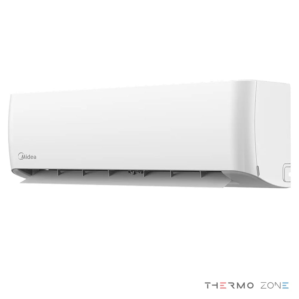 Midea Oasis Plus Nordic MSOPBU-17HRFN8-QRD6GW Innengerät Perspektivansicht von rechts mit geöffneten Luftlamellen