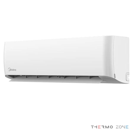 Midea Oasis Plus Nordic MSOPBU-17HRFN8-QRD6GW Innengerät Perspektivansicht von rechts mit geöffneten Luftlamellen
