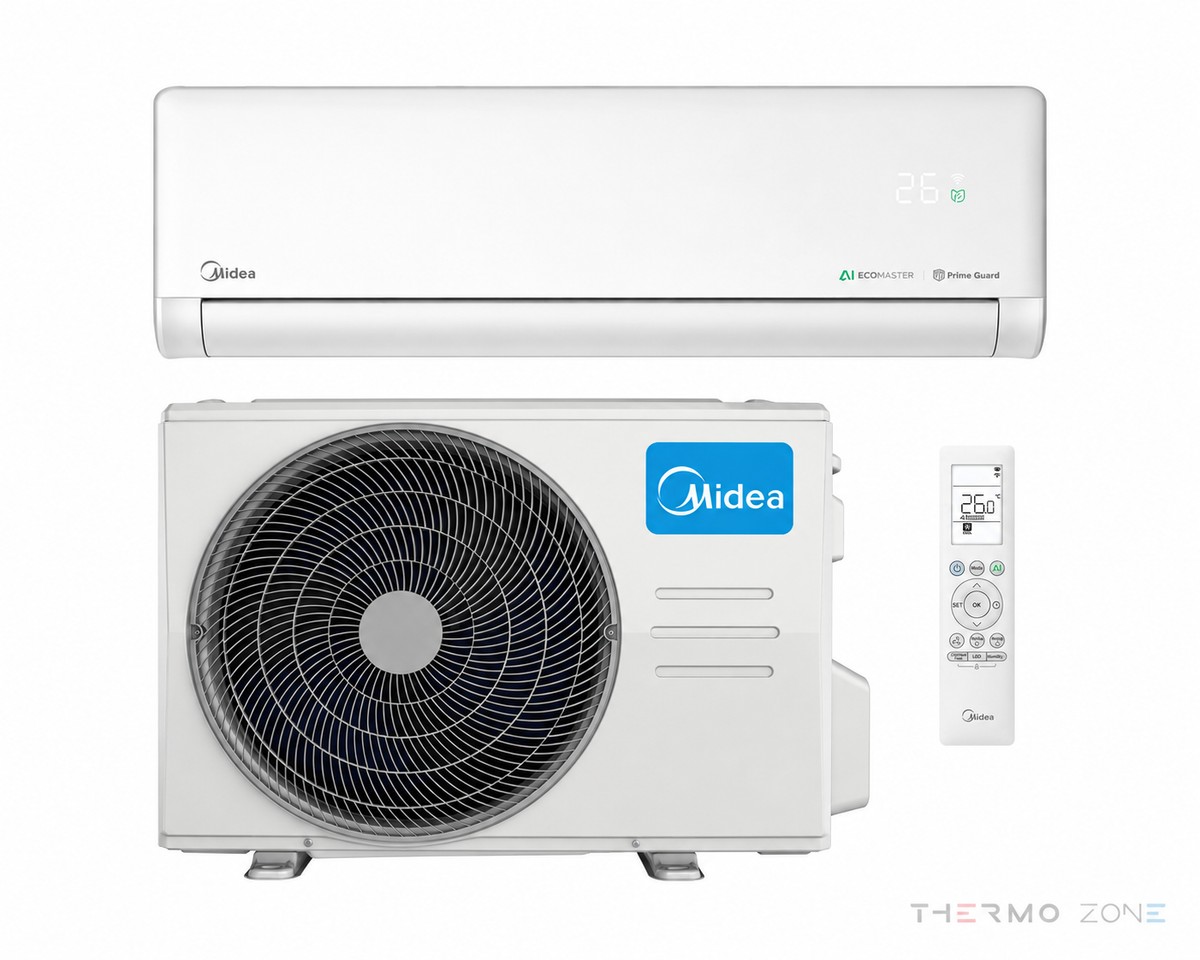 Midea Solstice Split-Klimaanlage in Weiß mit Innen- und Außengerät sowie Fernbedienung