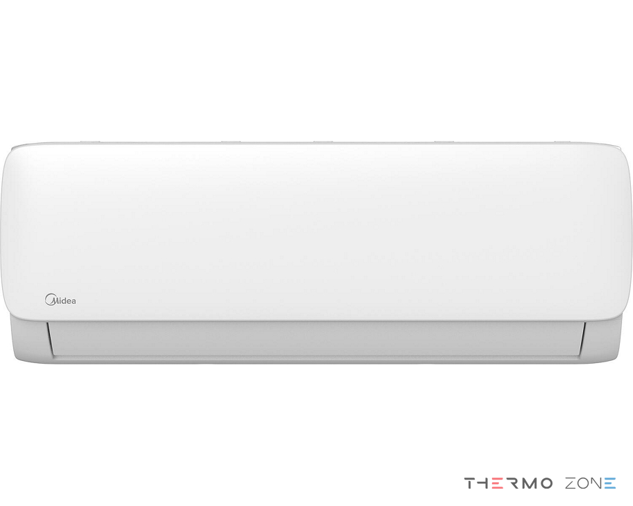 Midea Xtreme Save Blue R290 MSAGBU-12HRFN7-QRD6GW Inneneinheit 3,5 kW Frontansicht mit geschlossenen Luftlamellen