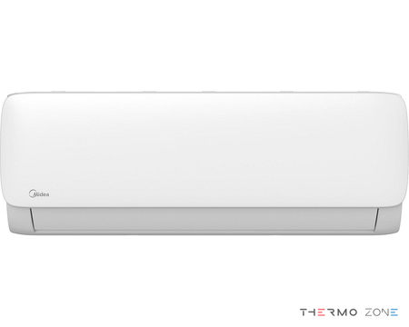Midea Xtreme Save Blue R290 MSAGBU-12HRFN7-QRD6GW Inneneinheit 3,5 kW Frontansicht mit geschlossenen Luftlamellen