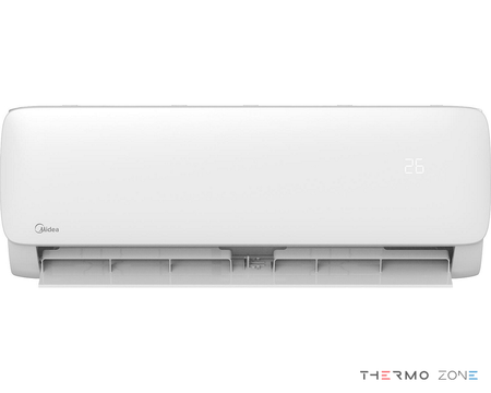 Midea Xtreme Save Blue R290 MSAGBU-12HRFN7-QRD6GW Inneneinheit 3,5 kW Frontansicht mit geöffneten Luftlamellen und Temperaturanzeige