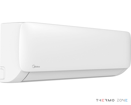 Midea Xtreme Save Blue R290 MSAGBU-12HRFN7-QRD6GW Inneneinheit 3,5 kW Perspektivansicht links mit geschlossenen Luftlamellen