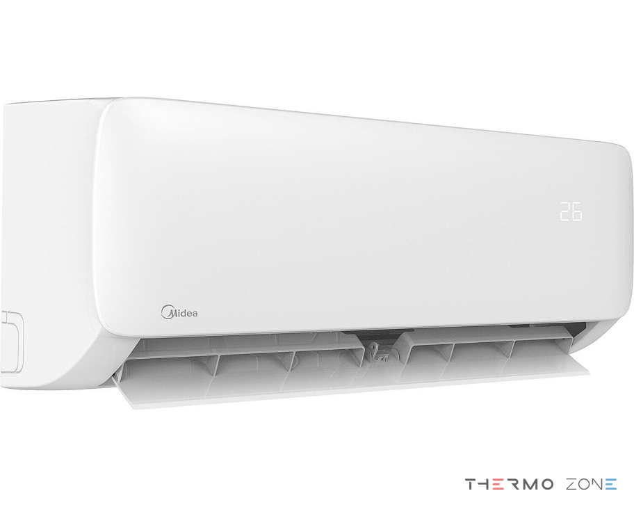 Midea Xtreme Save Blue R290 MSAGBU-12HRFN7-QRD6GW Inneneinheit 3,5 kW Perspektivansicht links mit geöffneten Luftlamellen und Temperaturanzeige