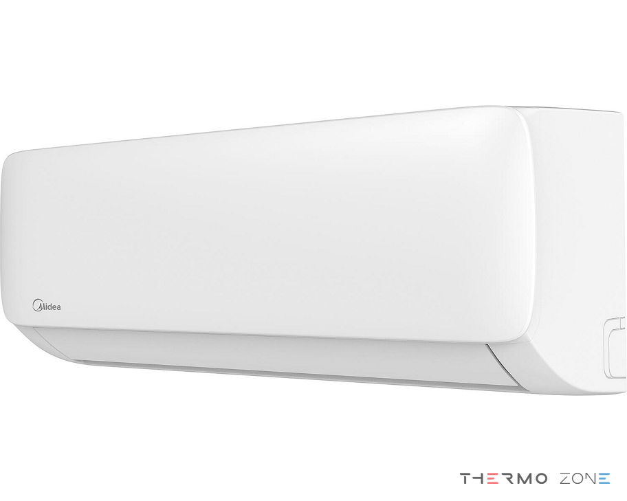 Midea Xtreme Save Blue R290 MSAGBU-12HRFN7-QRD6GW Inneneinheit 3,5 kW Perspektivansicht rechts mit geschlossenen Luftlamellen
