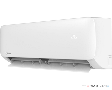 Midea Xtreme Save Blue R290 MSAGBU-12HRFN7-QRD6GW Inneneinheit 3,5 kW Perspektivansicht rechts mit geöffneten Luftlamellen