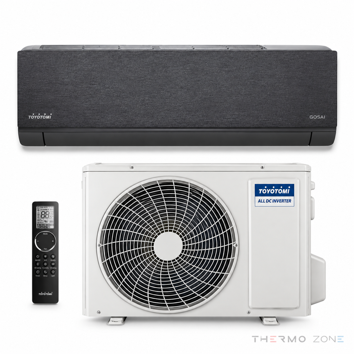Toyotomi GOSAI Shadow Black Split-Klimaanlage mit Innengerät, Außengerät und Fernbedienung